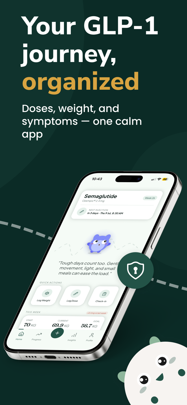 Wellion home dashboard — next injection reminder, weekly weight stats and quick actions