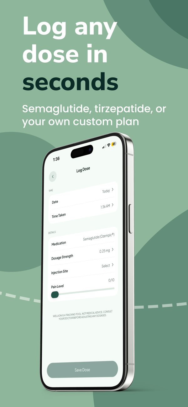 Log an Ozempic or Wegovy dose in seconds — medication, dosage strength, injection site and pain level