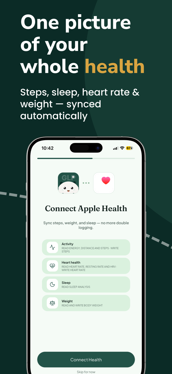 Apple Health sync — steps, sleep, heart rate and weight synced automatically