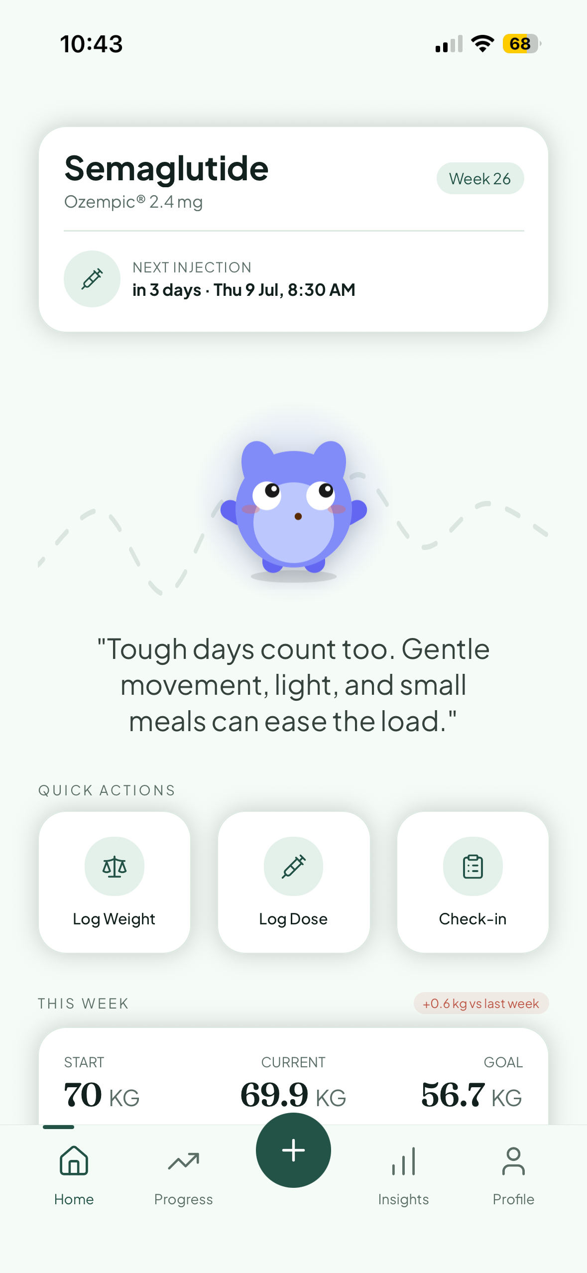 Wellion GLP-1 tracker app home screen showing next Ozempic injection, weight progress and quick dose logging